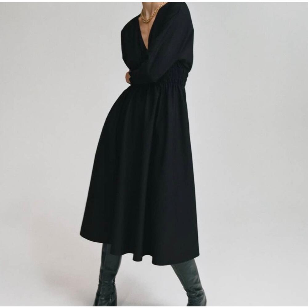 Zara Elastic Waist Midi Length Black Dress Size Small